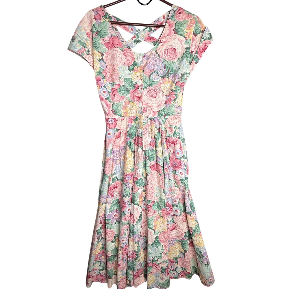 Jessica Howard Vintage Floral Cotton Button Down Dress Pink Green 90s USA Made